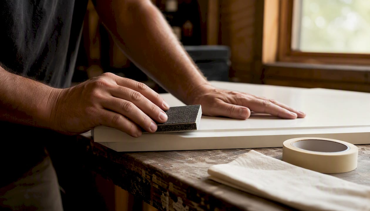Hands sanding melamine cabinet door edge