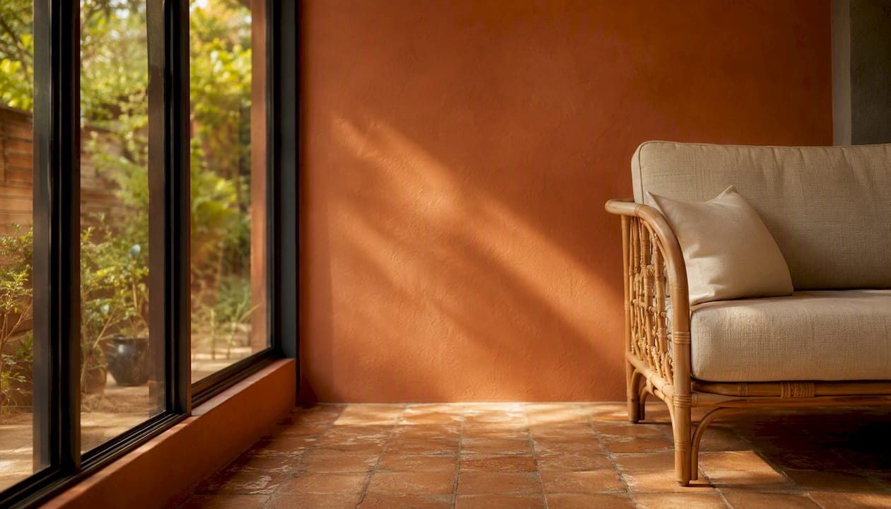 Warm terracotta painted conservatory with rattan seating