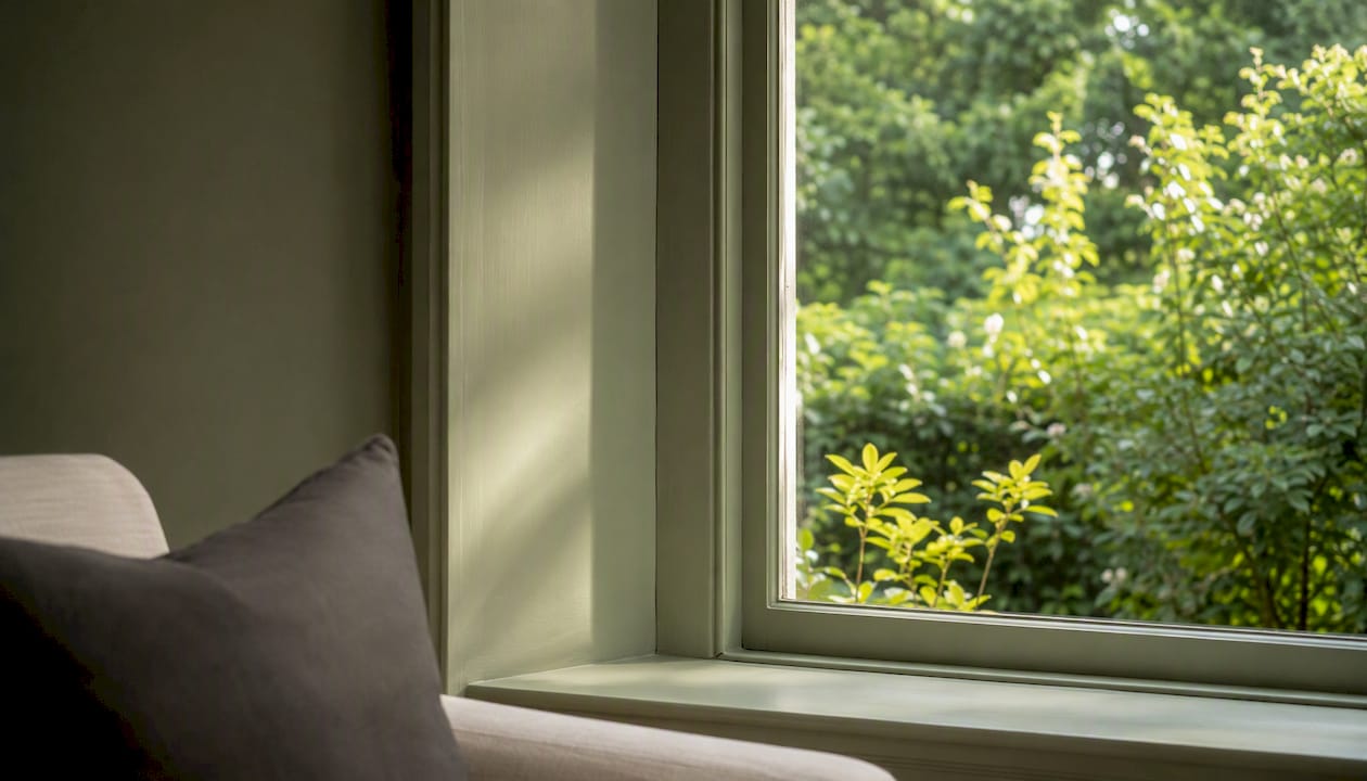 Botanical sage green conservatory wall with garden view