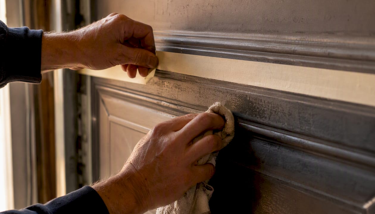 Hands masking and degreasing garage door panel