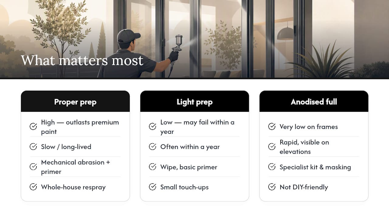 Diagram comparing prep and paint quality for aluminium window respray durability