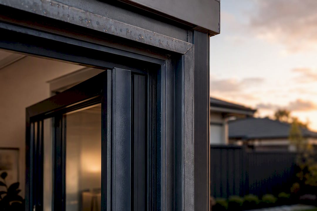 Weathered aluminium bifold door frame close-up