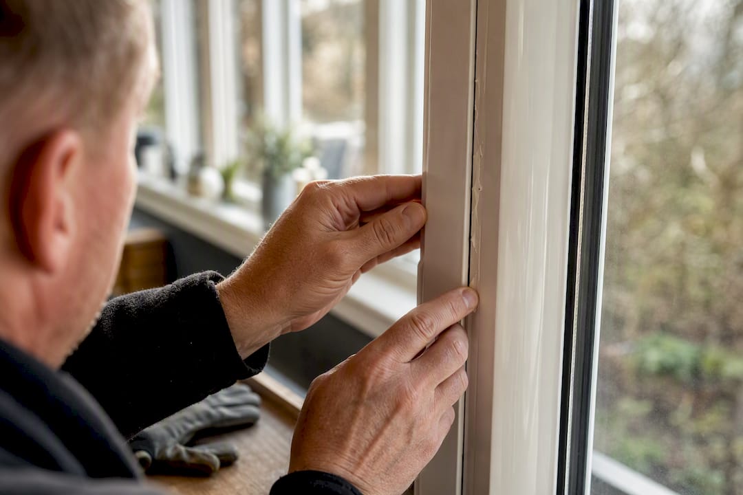 Hands inspecting foiled uPVC frame edge damage