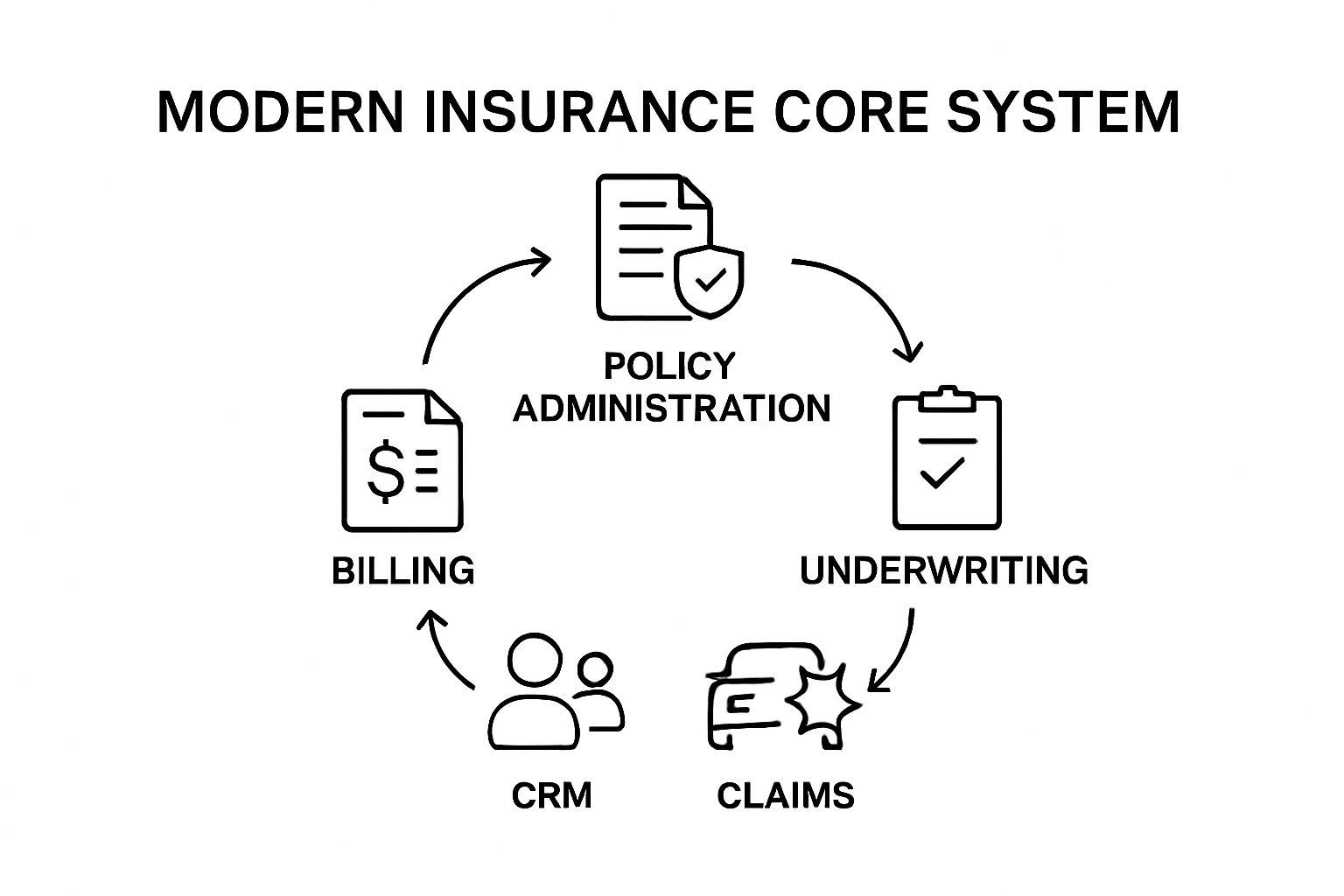 Infographic showing five main modules of insurance core systems and their connections