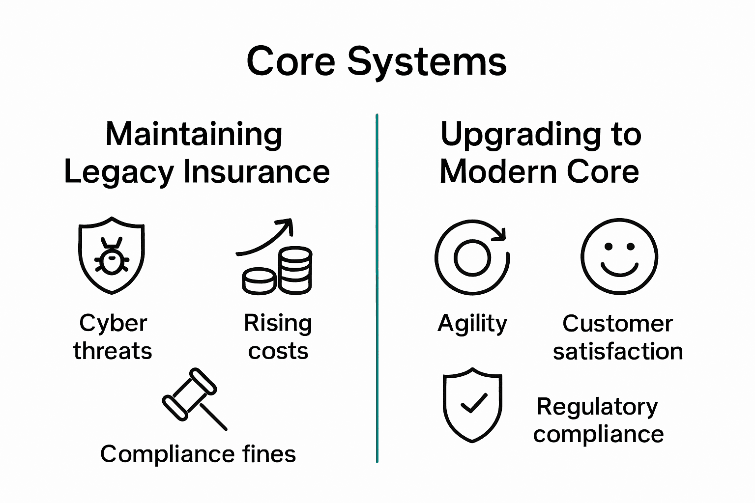 Infographic comparing risks of legacy systems and benefits of modernization in insurance.