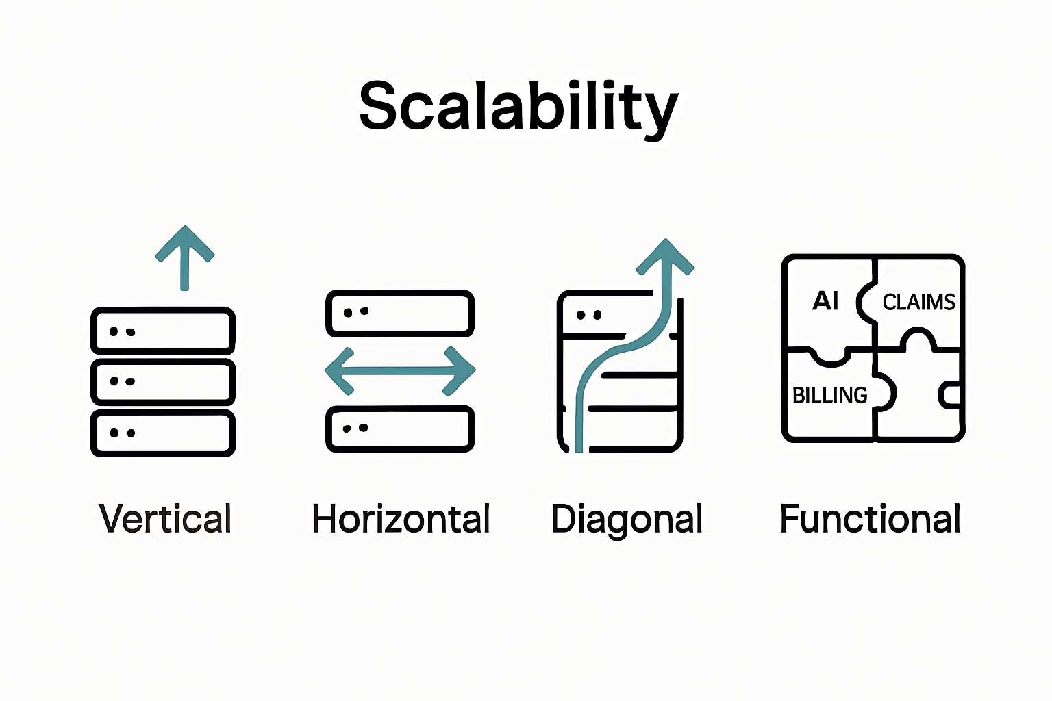 Infographic compares four types of insurance platform scalability: vertical, horizontal, diagonal, and functional.