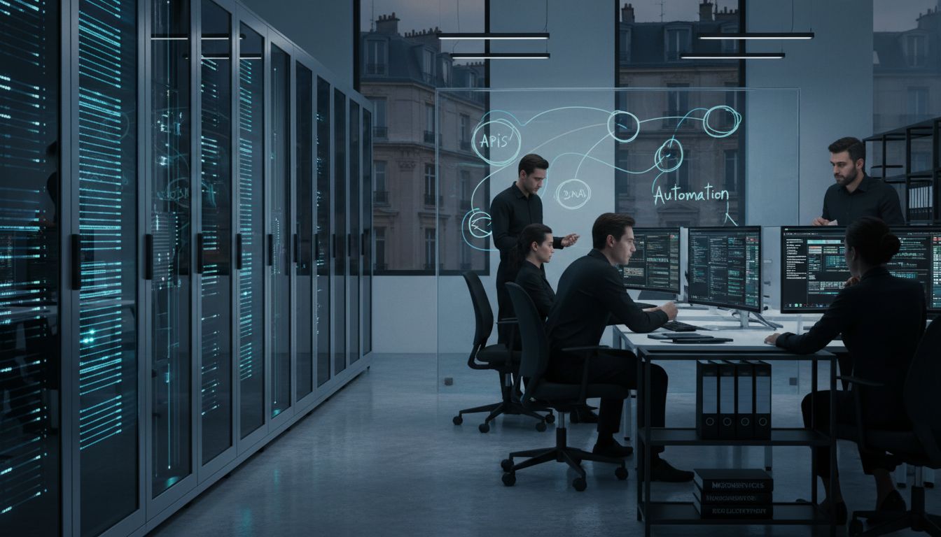 Engineers collaborating on insurance automation technology