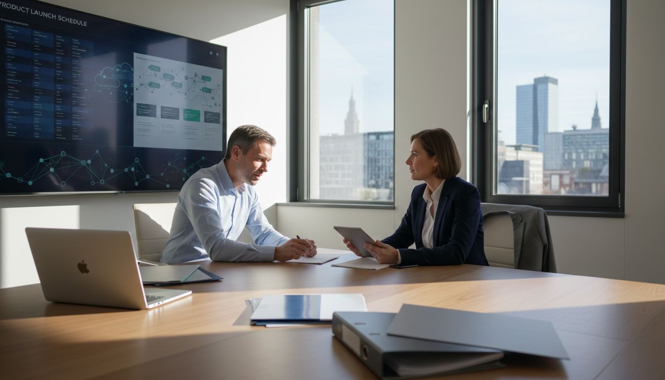 Insurance executives review digital launch schedule