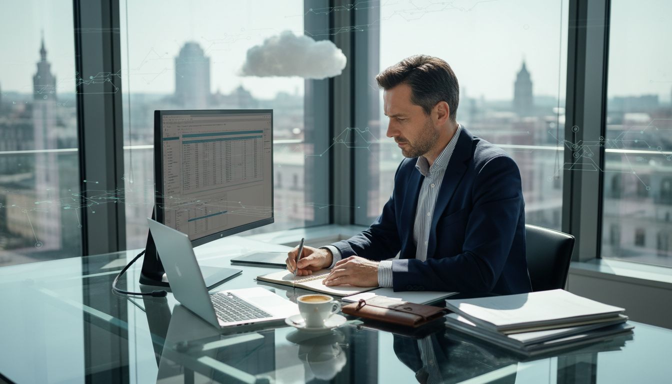 Insurance executive reviews documents in office