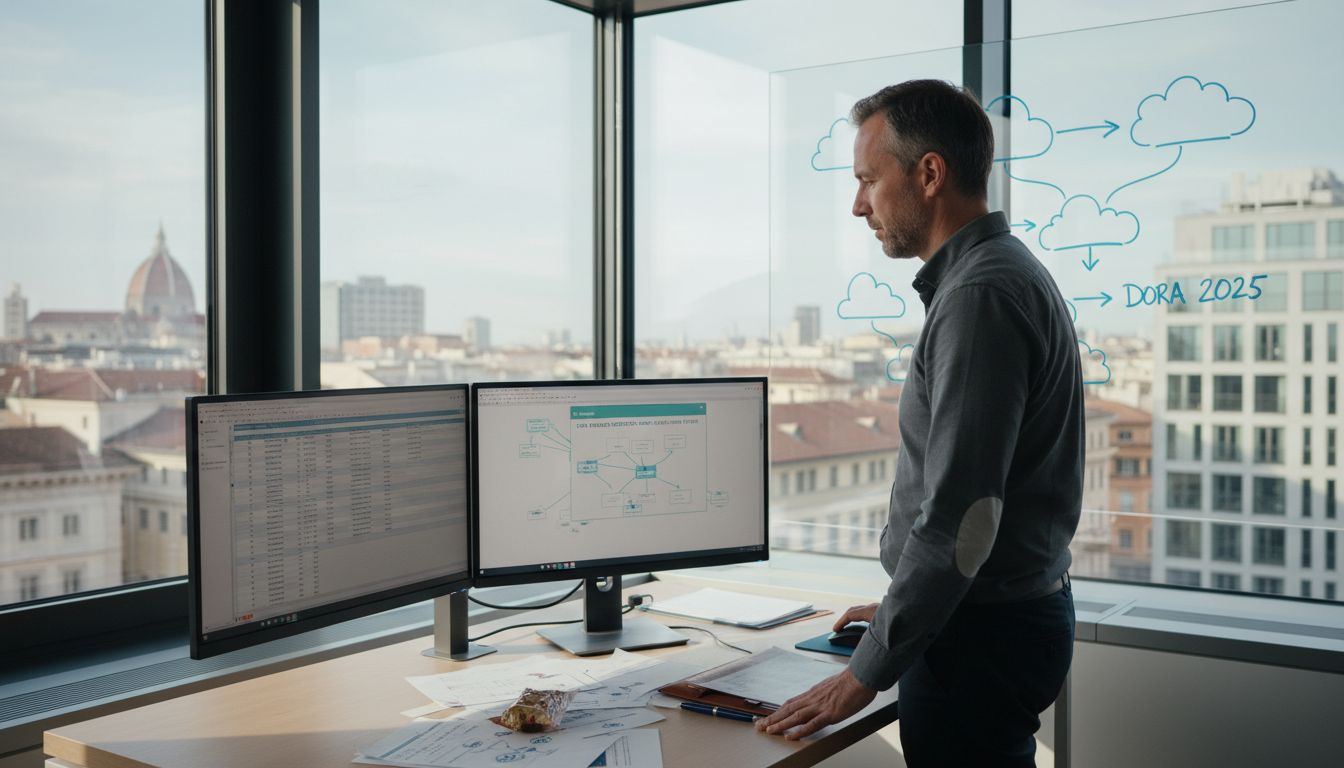 IT manager monitors cloud security in insurer office