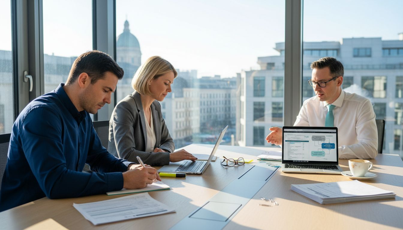 Insurance team collaborating in bright corner office