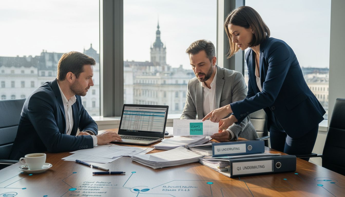 Insurance team reviews policy documents in sunlit office