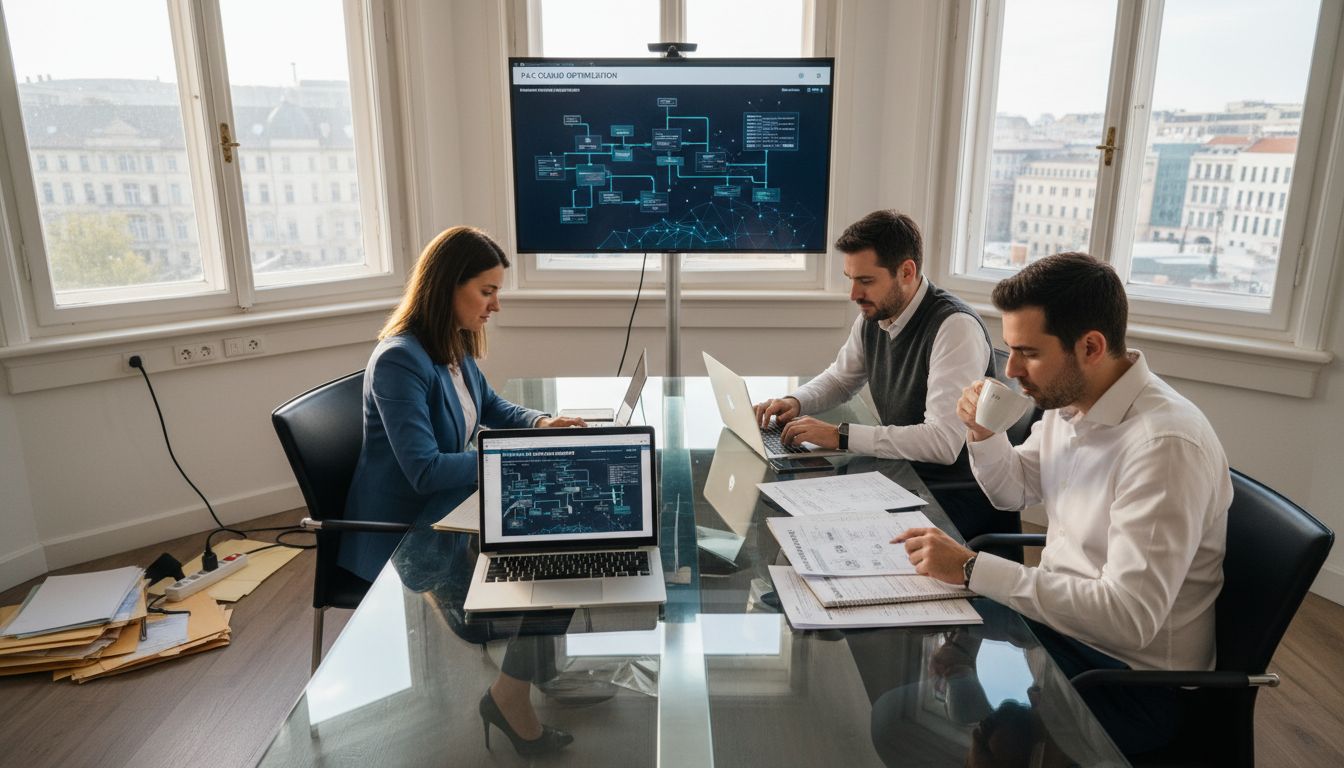 Insurance team meeting in corner office