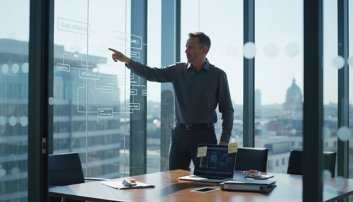 Manager planning cloud strategy at whiteboard