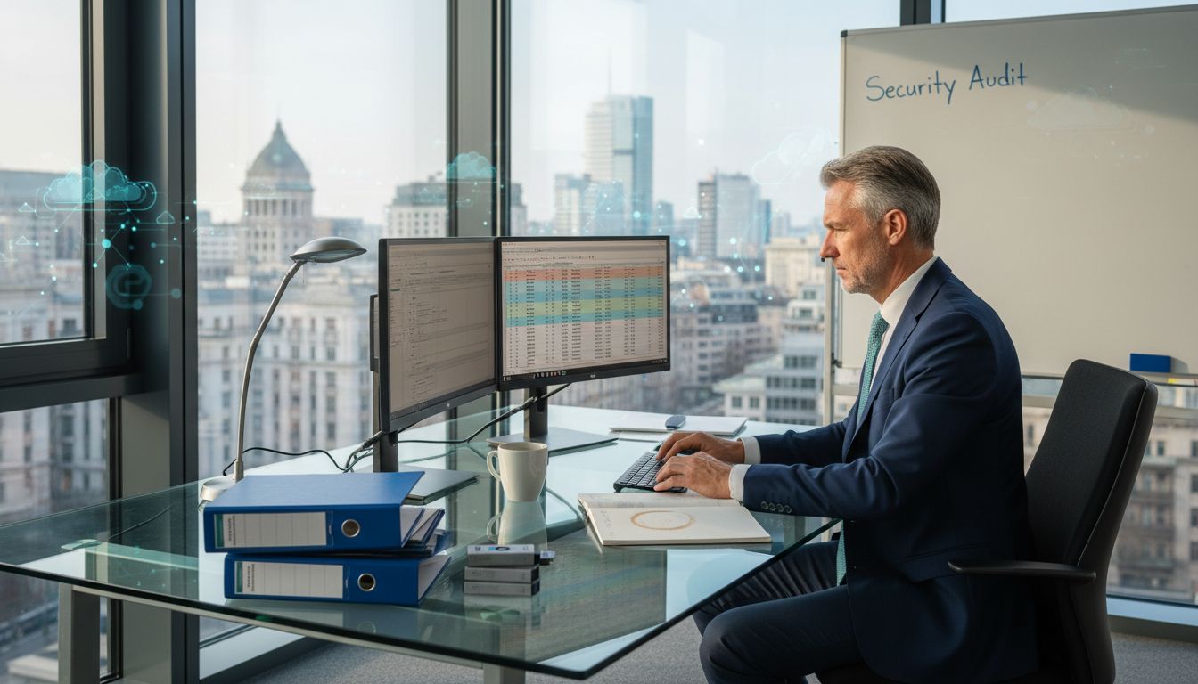 Insurance manager works at data security desk