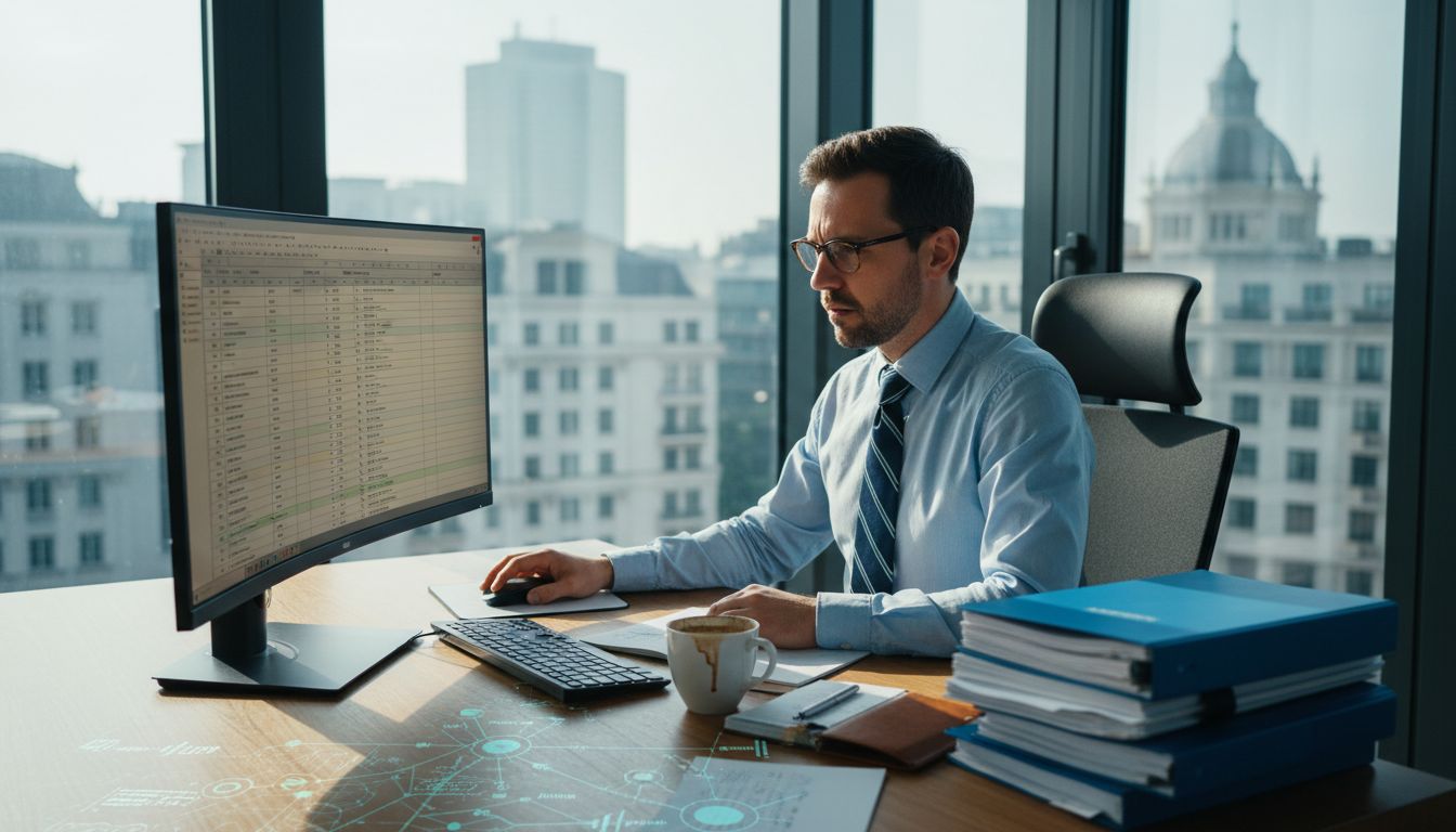 Insurance analyst reviewing rating models at office desk