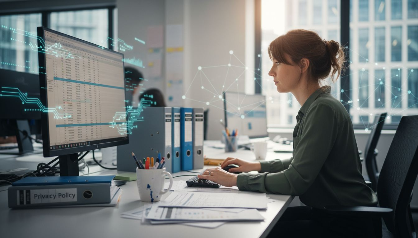 Data manager reviewing insurance data at computer