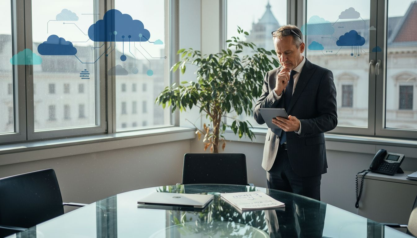 Insurance executive examining digital tools in bright office