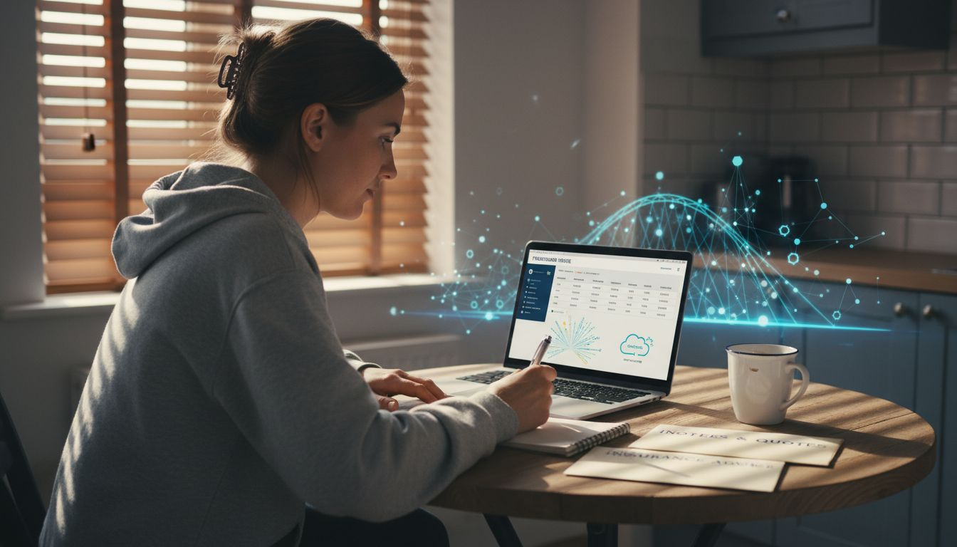 Customer comparing insurance on kitchen laptop