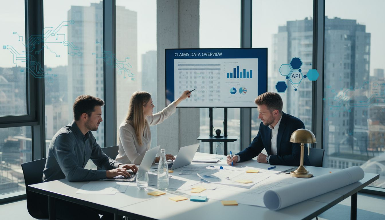 Insurance team meeting analyzing data printouts