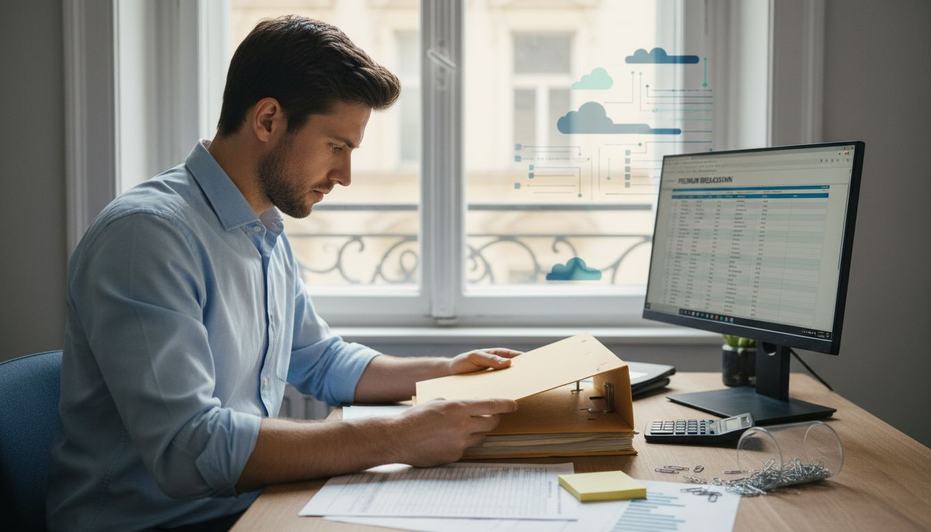 Analyst calculating insurance premiums at desk
