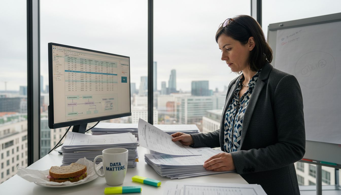 Sales professional reviews insurance client data