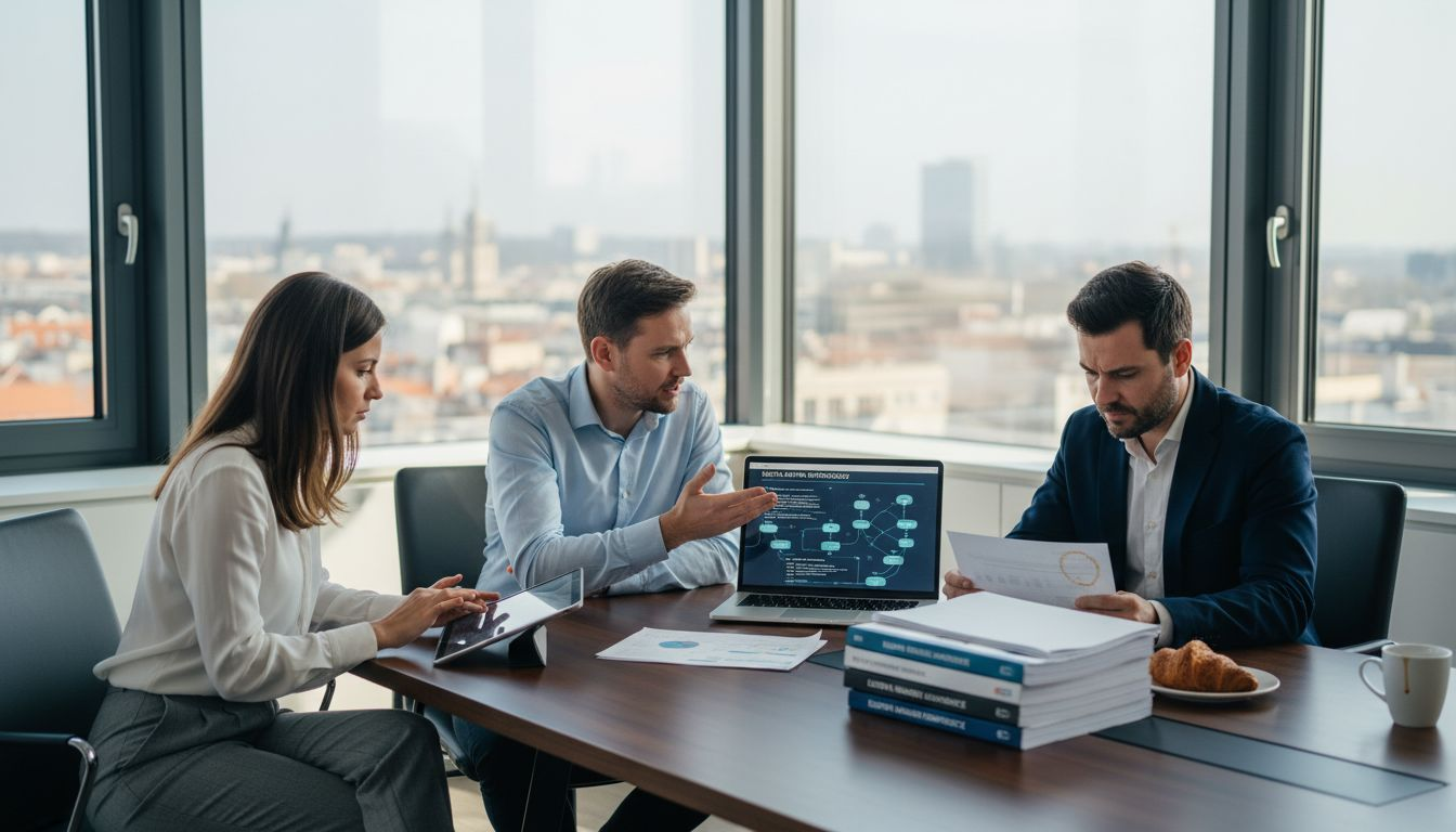 Insurance team meeting in corner office