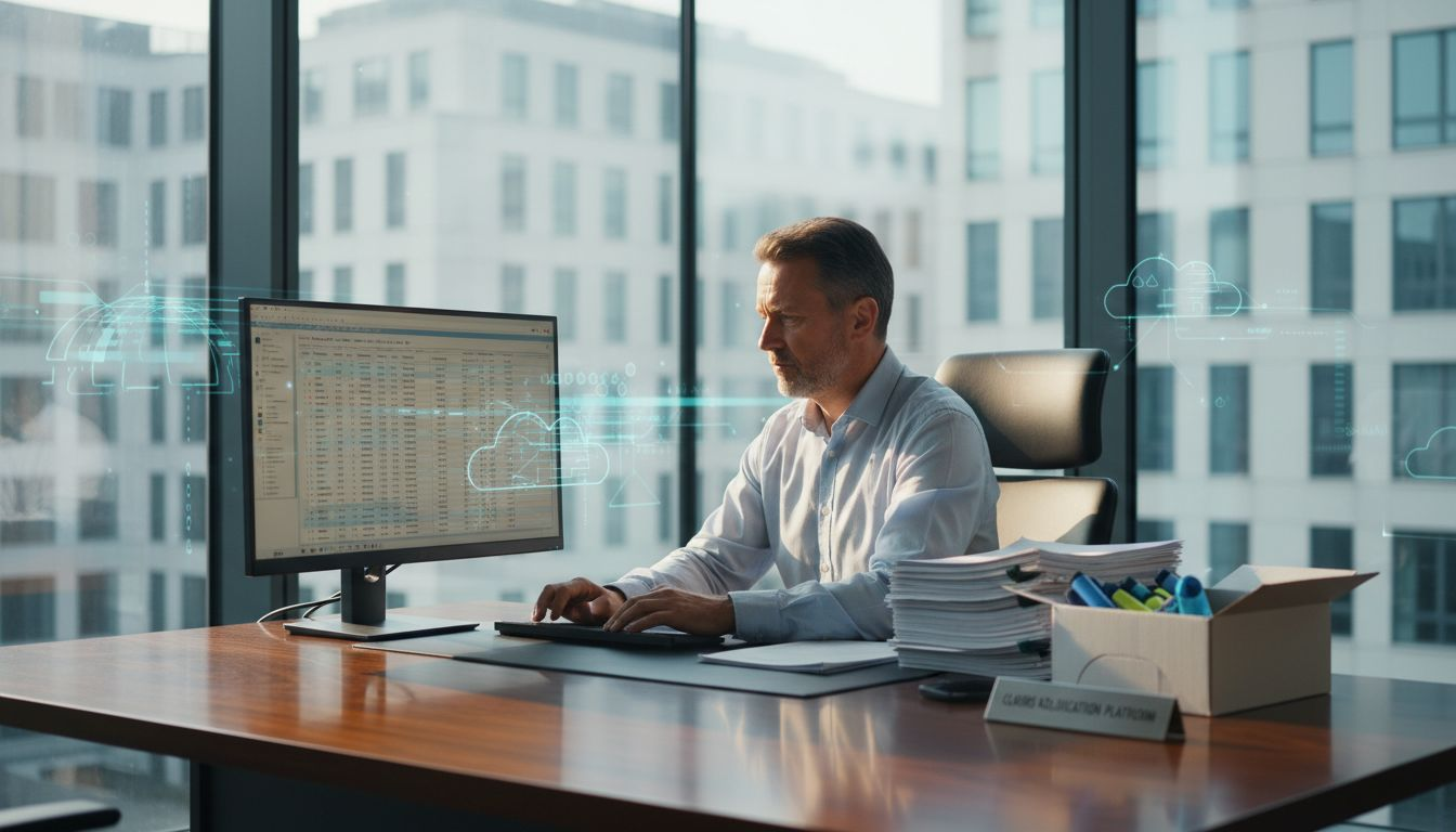 Insurance manager reviews billing on computer in office