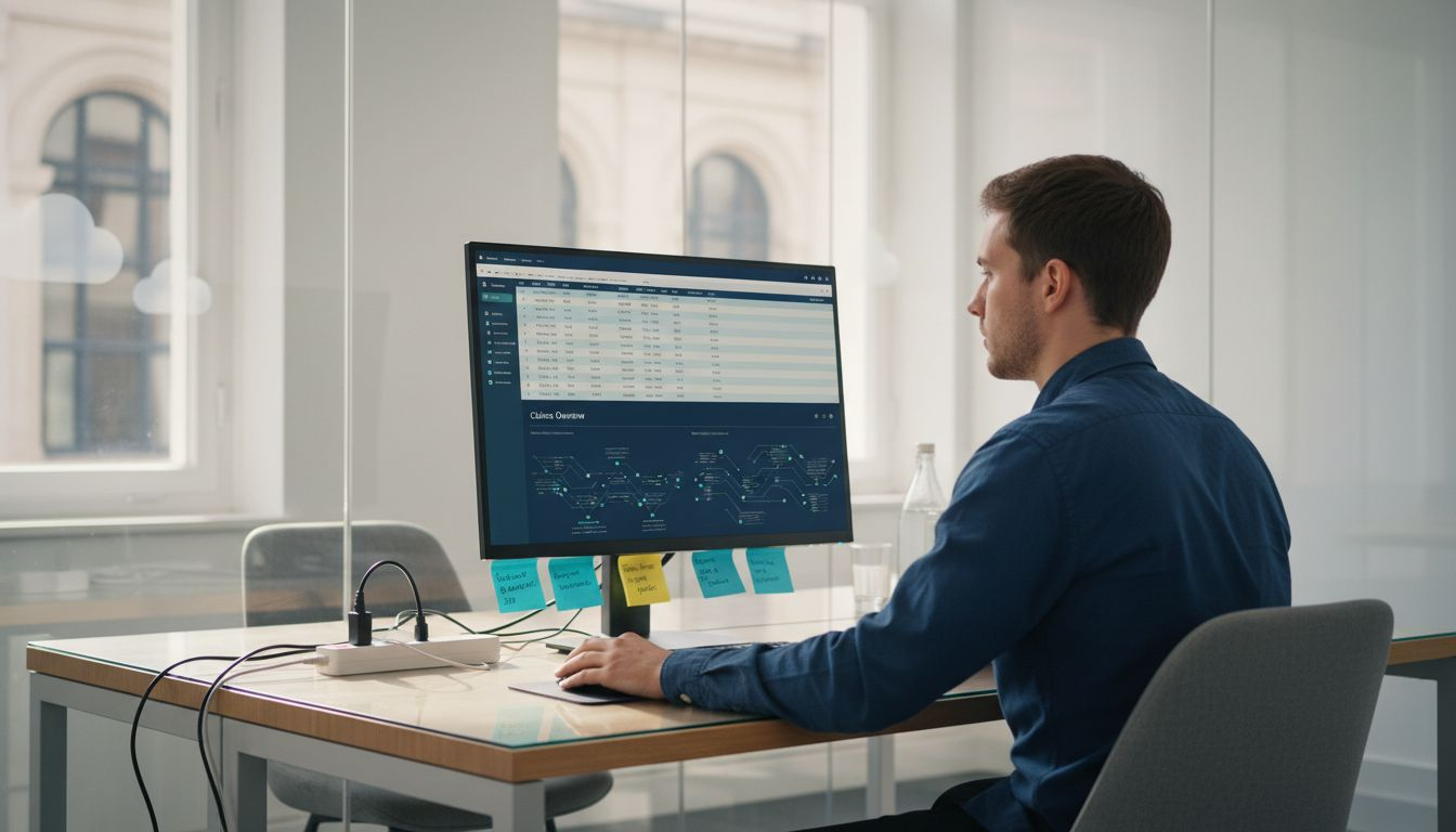 Insurance analyst reviews digital data dashboard