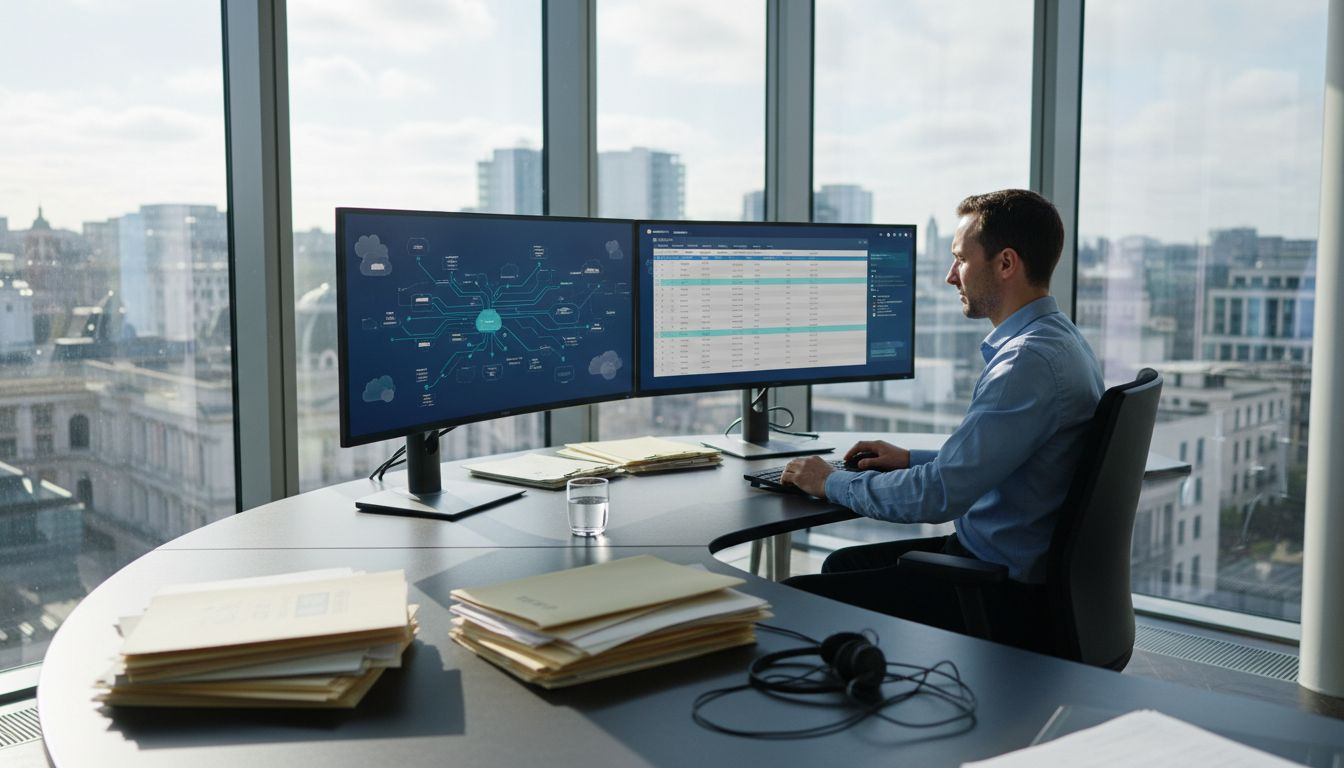 Insurance analyst reviewing policy data sheets