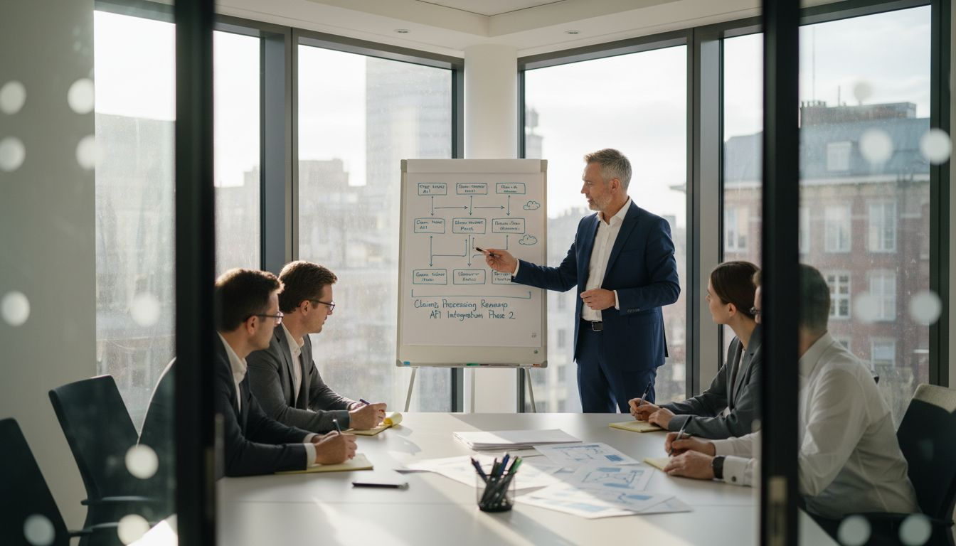 Insurance team discusses API strategy whiteboard