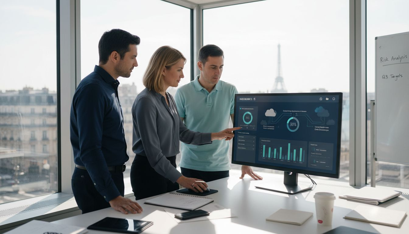 Insurance team reviewing dashboard in office
