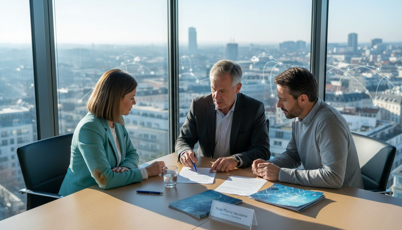 Insurance agent meets clients in glass office