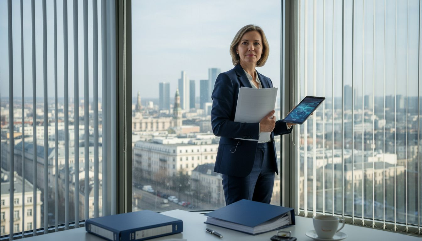 Insurance executive reviews documents in city office