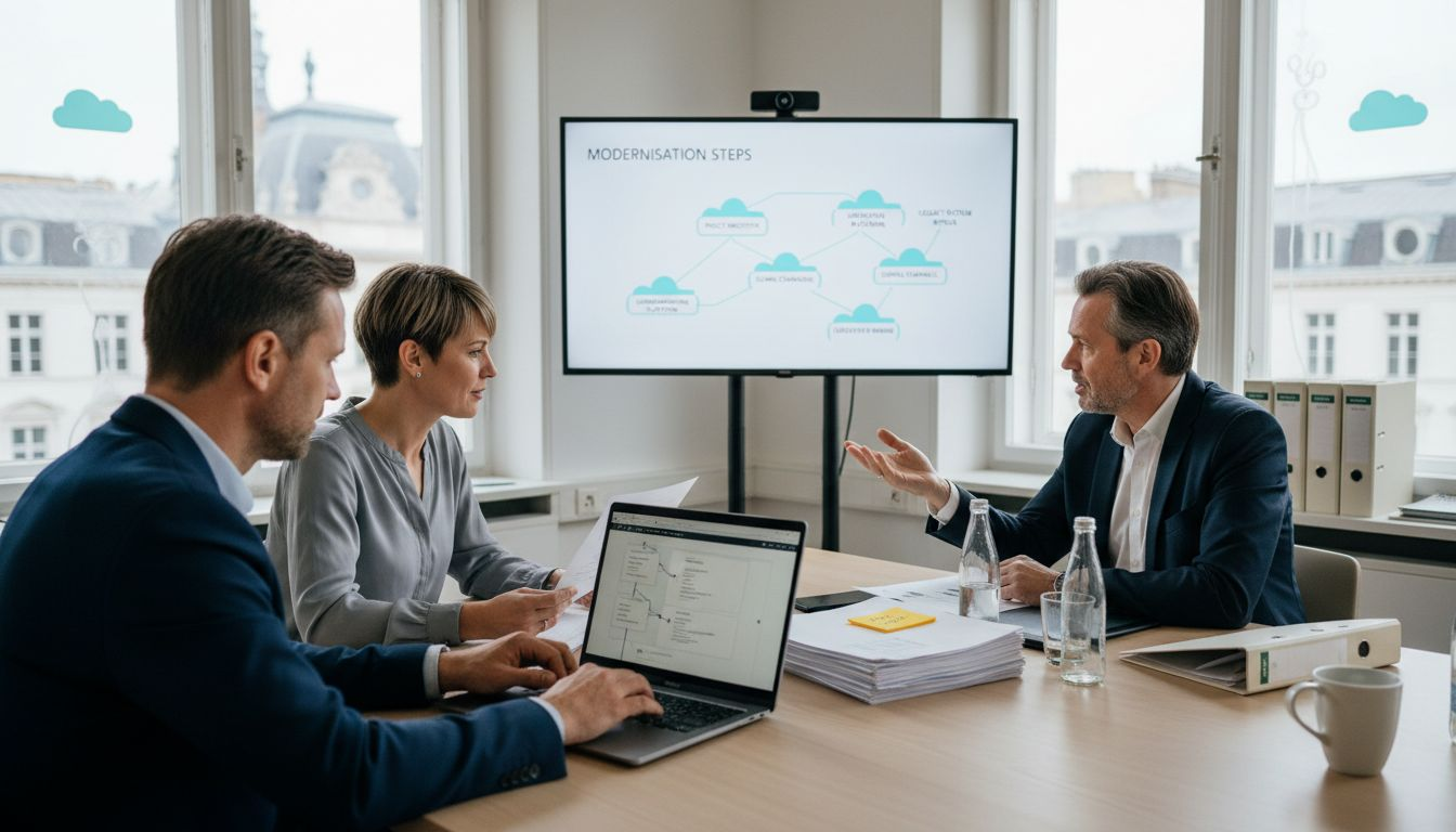 Team reviewing insurance system modernization steps