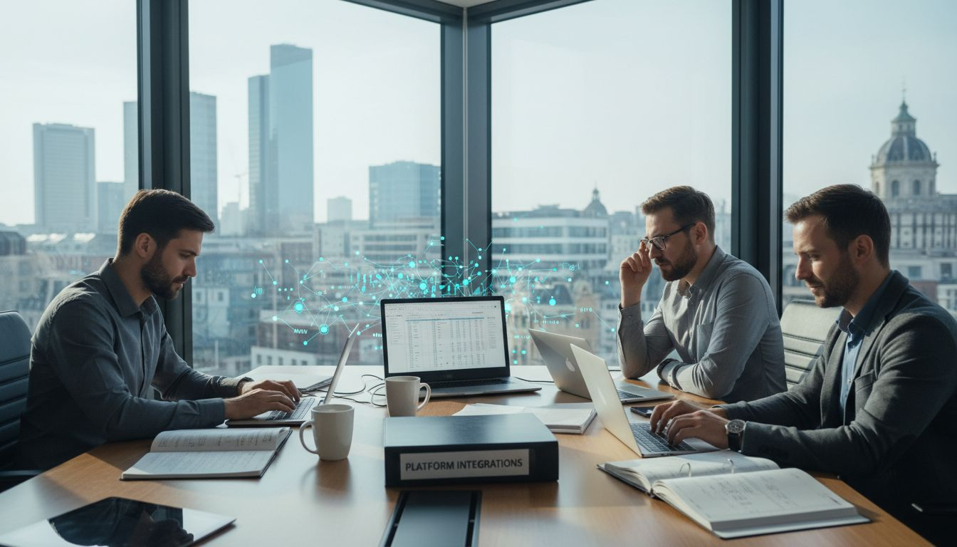 Insurance analysts collaborating at conference table in office