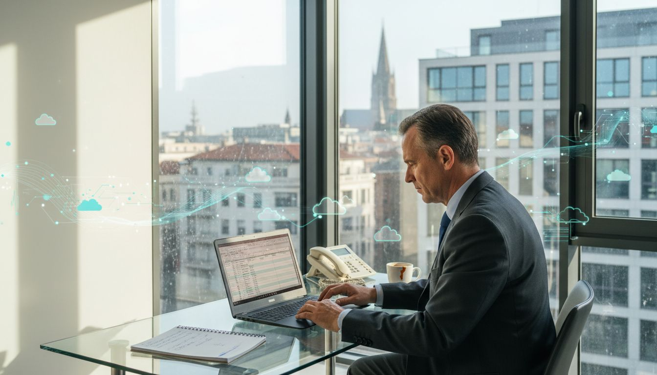 Insurance manager reviews technology in office
