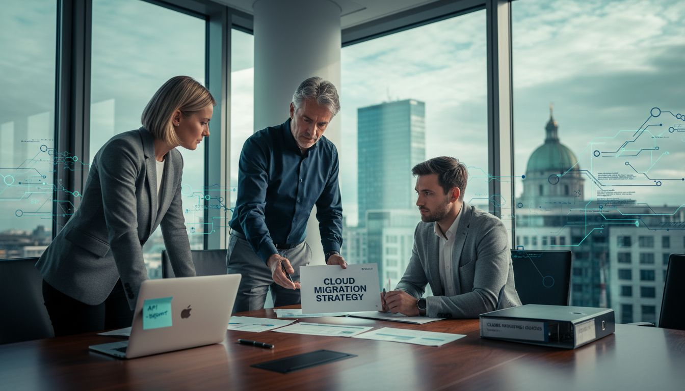 Insurance IT team reviewing cloud migration plan