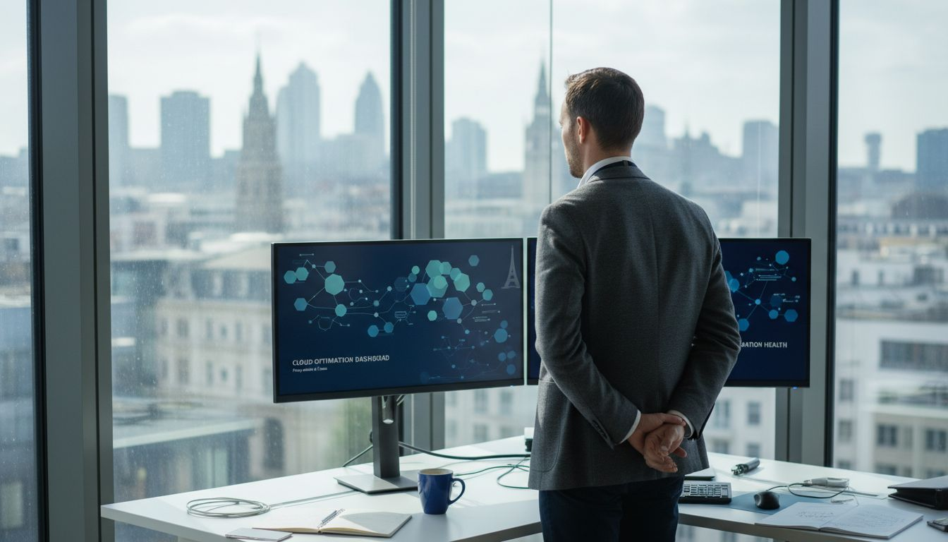 IT manager reviewing cloud metrics in city office