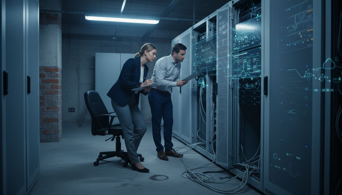 Insurance analysts inspecting data servers