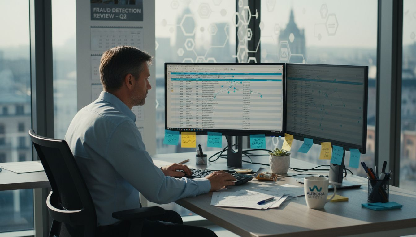 Analyst in office reviewing fraud data