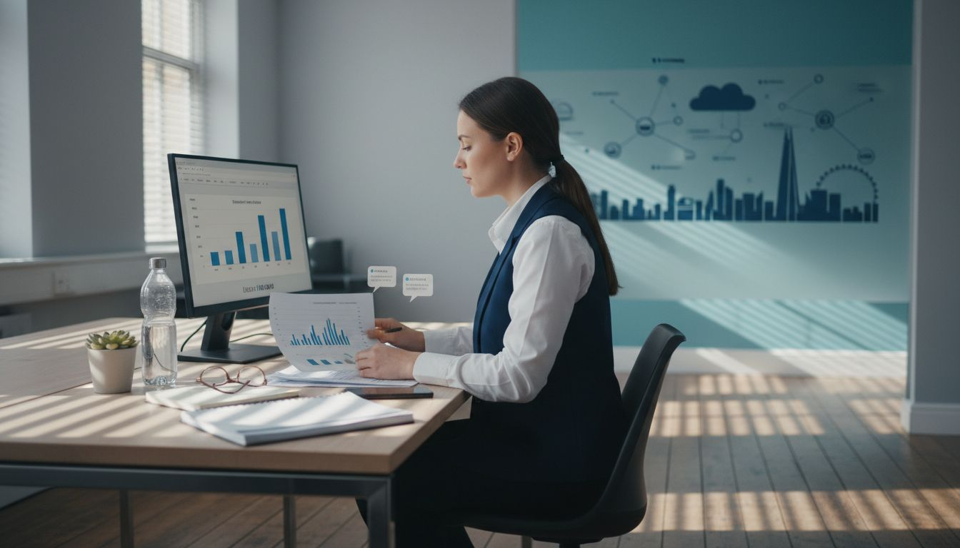 Worker comparing graphs and fraud reports