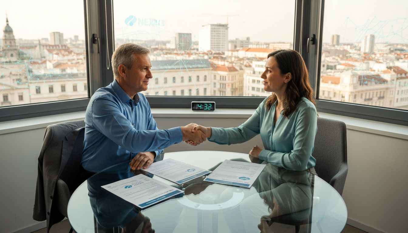 Advisor greets client in city office