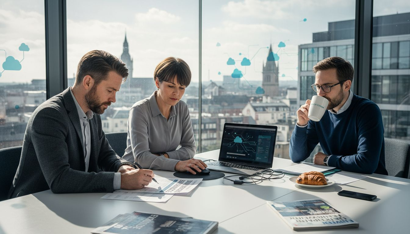 Insurance analysts reviewing market trends in office