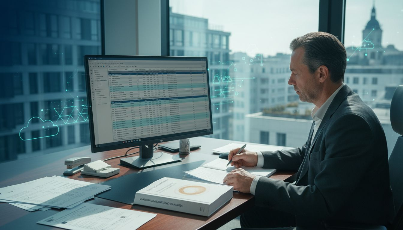 Underwriter analyzing policies in office setting