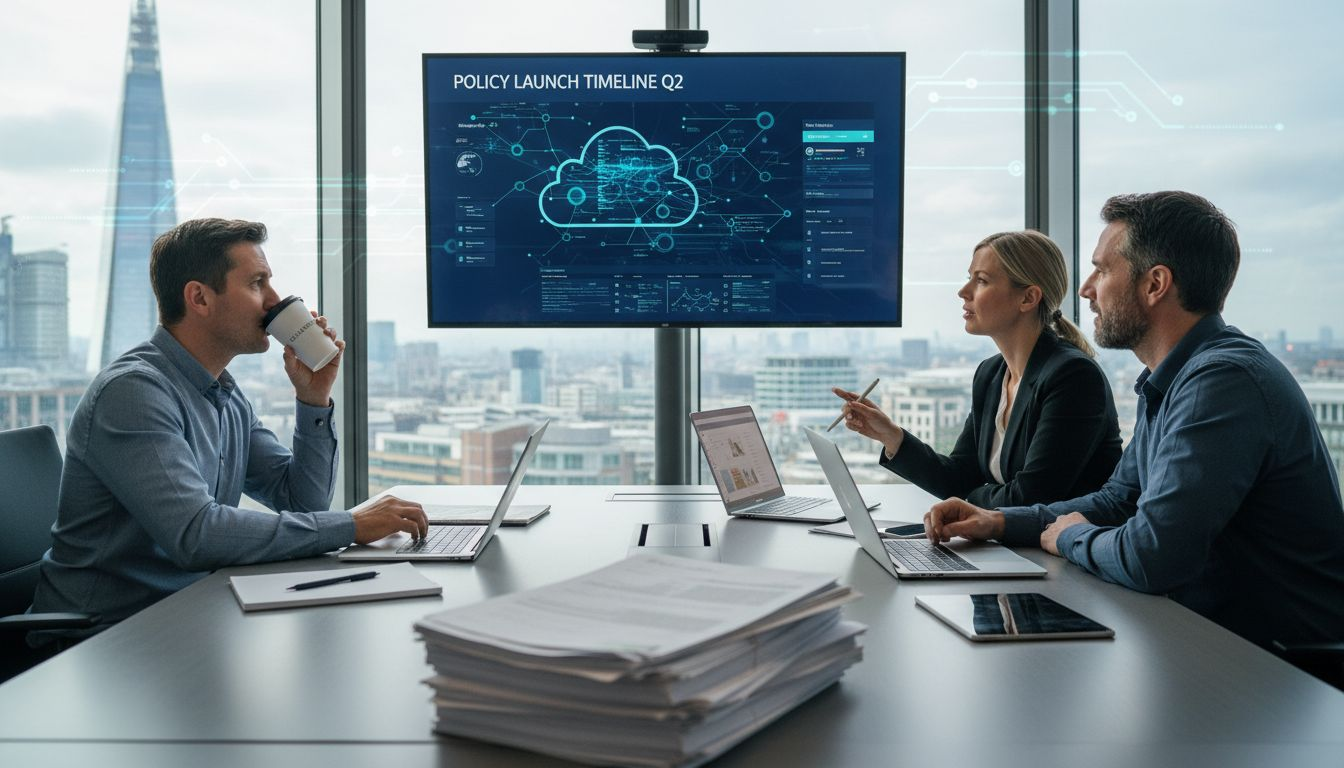 Insurance team collaborating in bright office with laptops