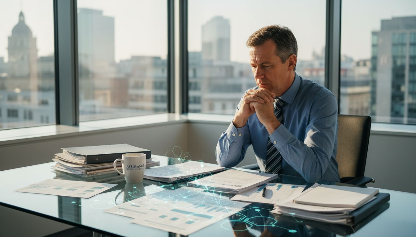Underwriter reviewing documents in corner office