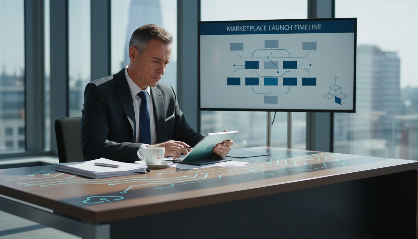 Insurance executive reviewing marketplace launch timeline