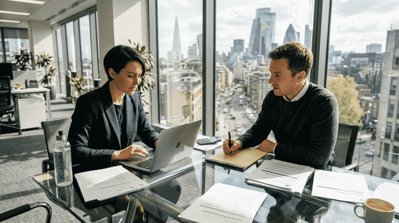 Insurance underwriters meeting in corner office