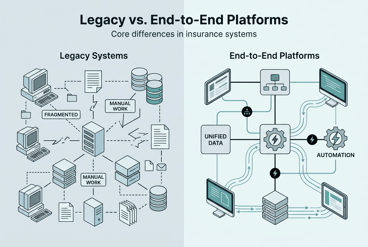 Infographic comparing legacy to end-to-end platforms